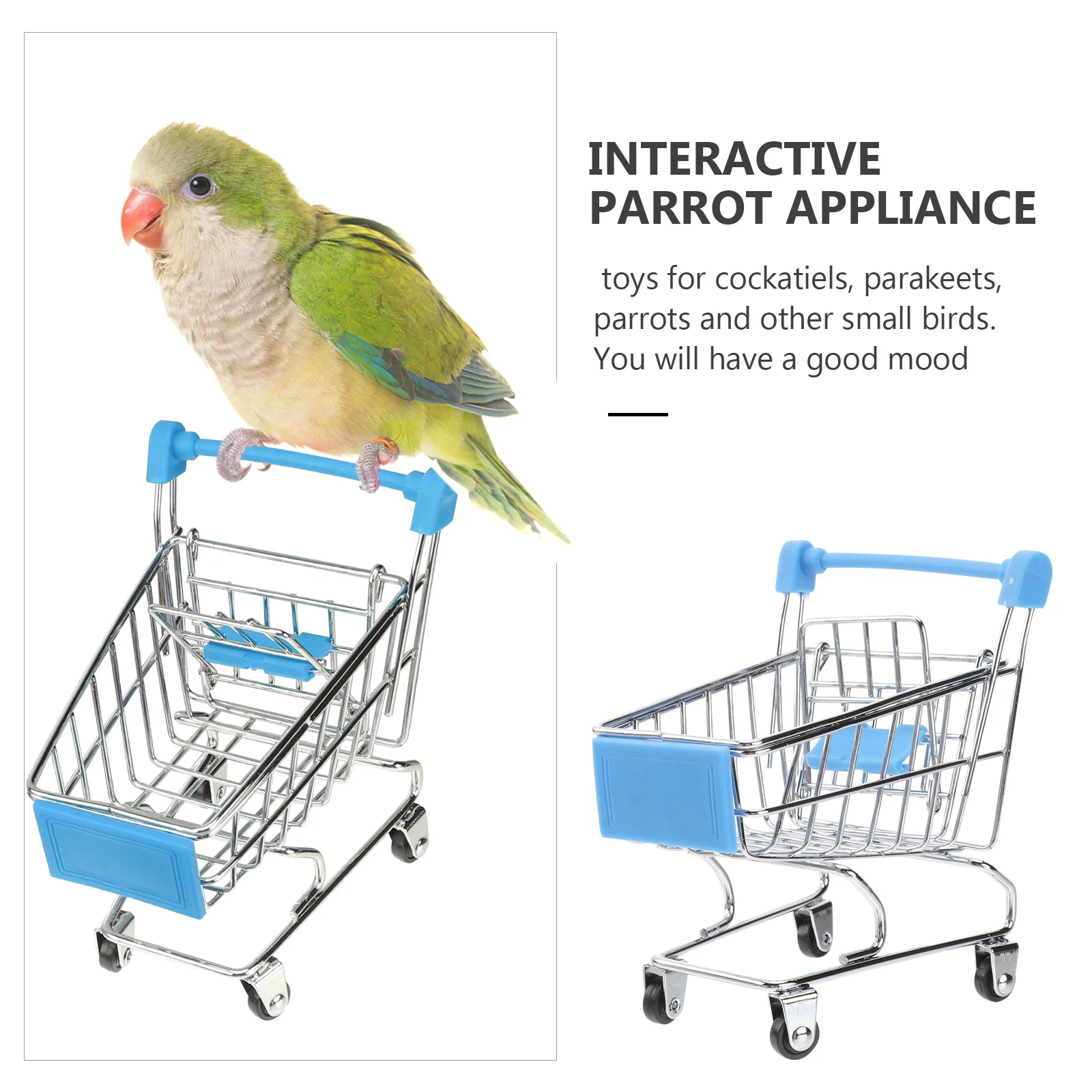 ミニチュアメタルスカイブルーショッピングカート、引き出し式シート付き、本物の回転ホイール、デスクオーガナイザー、ミニショッピングカート