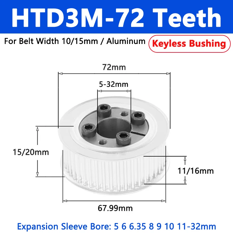 

1pc HTD3M Keyless Bushing Timing Pulley 72 Teeth Expansion Sleeve Synchronous Wheel For Belt Width 10/15mm Bore 5 6 6.35 8-32mm