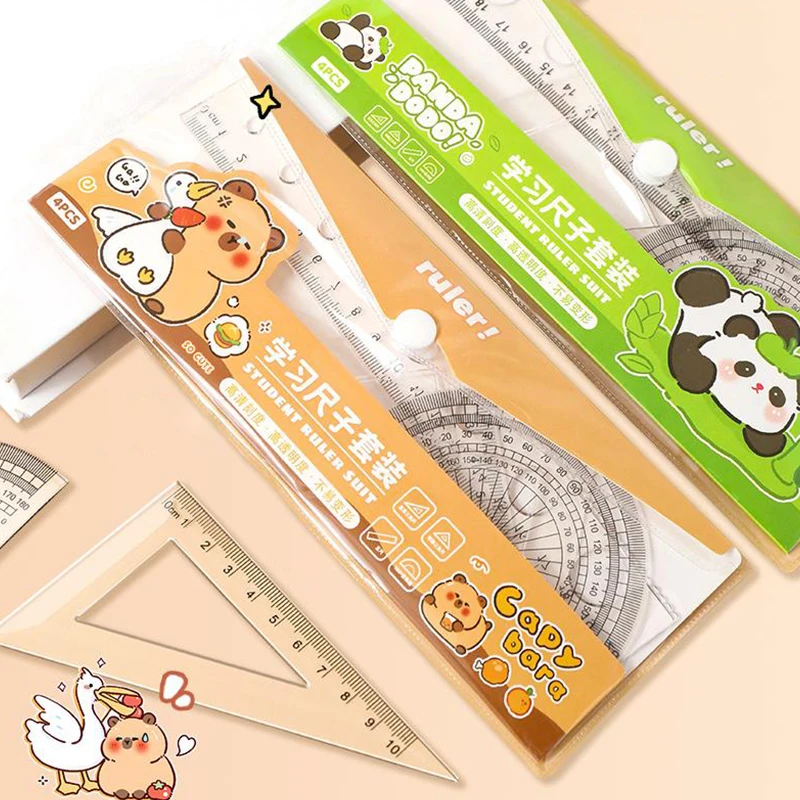 1Set Cute Cartoon Capybara Kids Ruler Stationery Set Multifunctional Combination Ruler Triangle Protractor Drawing Tools