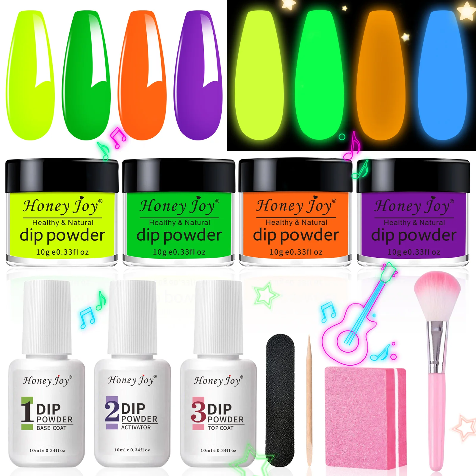 

Dip Powder Set Glow in Dark Neon Dipping Powder Nail Kit for Halloween Xmas Club Black Light Fluorescent Birthday Party Supplies