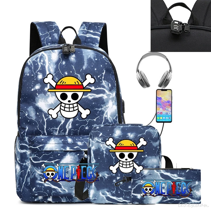 3PC-SET One Piece Luffy Schoolbag Recharged Backpack Student One Piece Backpack Boys Girls Anime Cartoon School Bag Mochila