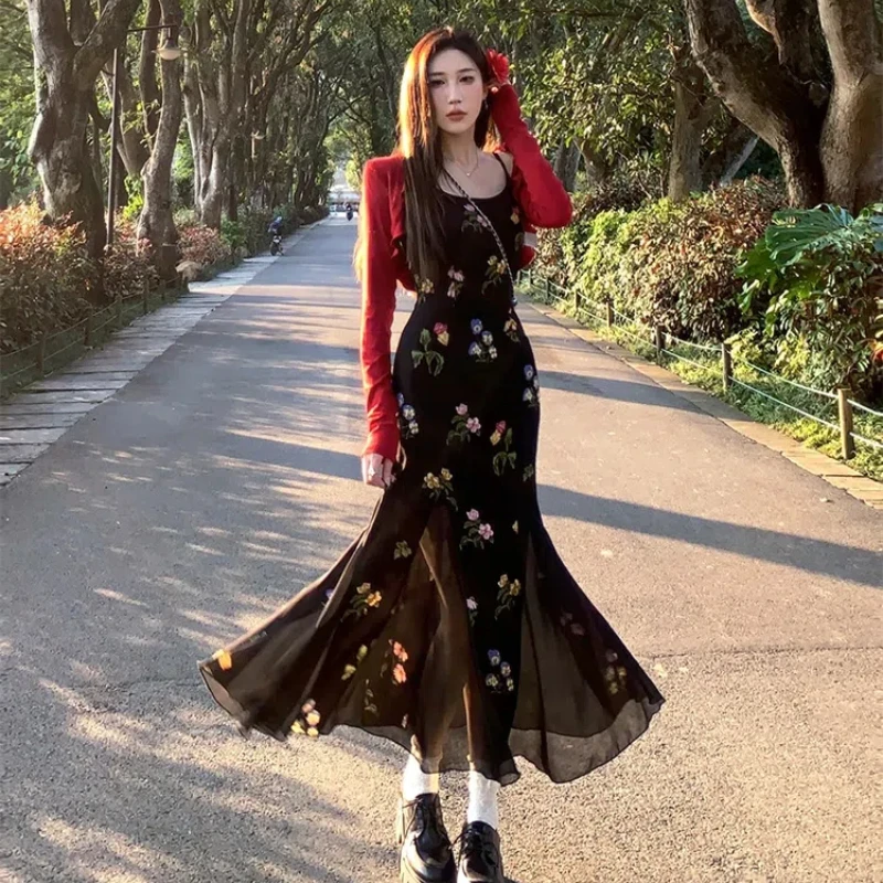 

2024 Summer Elegant Floral Suit Dress Casual Red Short Cardigan + Sexy Sleeveless Midi Dress Sundress Party Korean Fashion Set