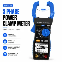 BTMETER BT-580P 3 Phase Clamp Meter TRMS 1000A HVAC Digital Multimeter AC DC Current Voltage Power Analyzer