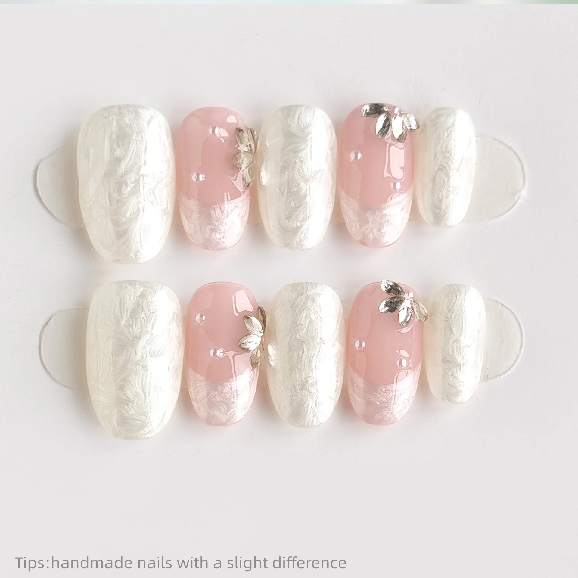10pcs Handmade White Pink 3D Pattern Rhinestone Press on Nails Full Cover Wearable Reusable Elegant False Nails
