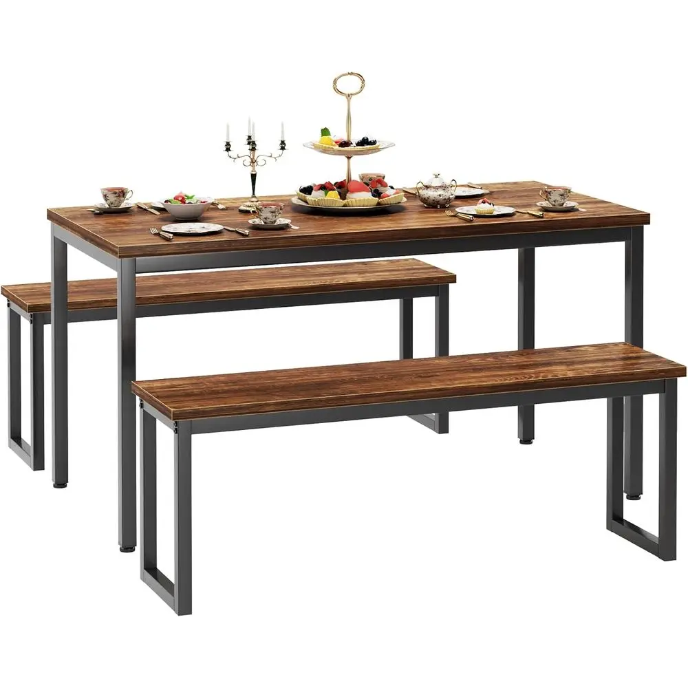 

2-Seat Bench Dining Set, 4-Person Table with Benches, Rustic Wooden Breakfast & Coffee Table Combo