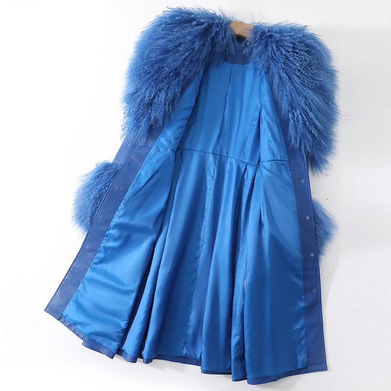 Genuine Leather Women Long Sleeve Belt Lambskin Outwear 2023 Fashion Blue Real Sheep Wool Collar Ladies Sheepskin Trench Coats