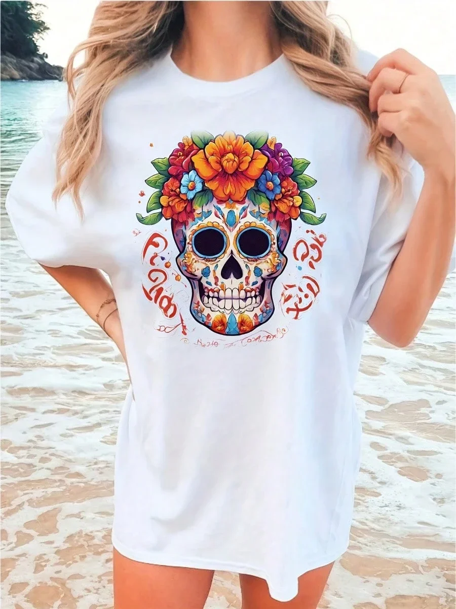 تي شيرت نسائي بمقاسات كبيرة، تي شيرت Muertos Skull - جمجمة السكر الملونة مع تي شيرت برسومات تاج زهور، قميص كاجوال بأكمام قصيرة #1