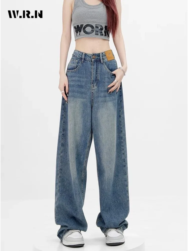 

Women Retro Aesthetic Wide Leg Baggy Casual Denim Trouser Harajuku Blue High Waist Loose Jeans 2024 Spring Fashion Pants