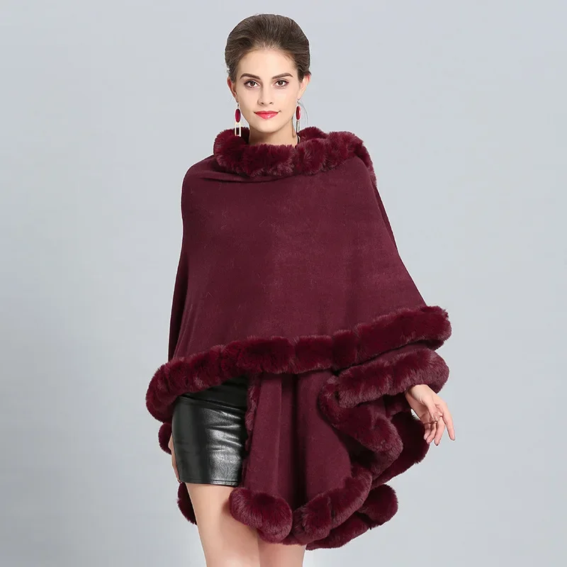 10 Colors Winter Warm Thick Big Pendulum Out Streetwear Loose Long Cloak Knitted Poncho Coat Women String Faux Fur Collar Cape