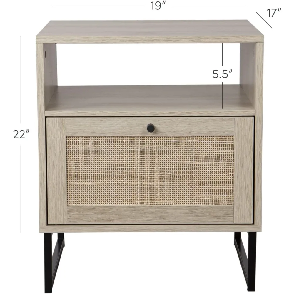 Rattan Wood End Side Accent Table Nightstand with Storage