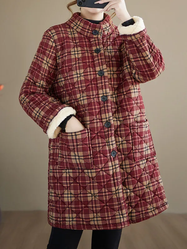 

Thickened Winter Cotton Poplin Women's Coat Retro Style Large Size Warm Coat with Fleece Inner And Check Pattern Straight Cut