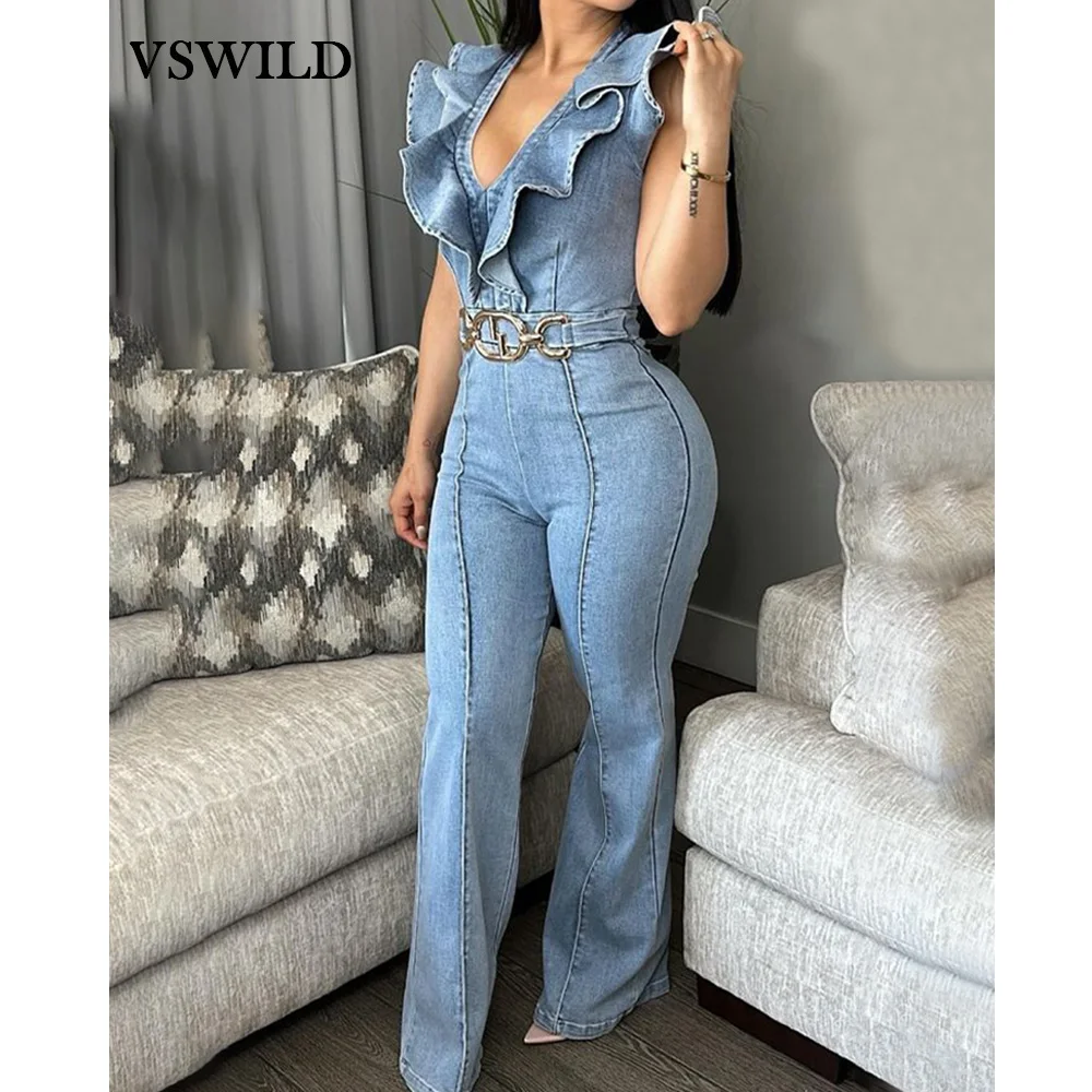 Women Sexy v-neck Jumpsuits Ruffles Sleeveless Slim Lady Elasticity Denim Fashion Street Wide-leg Pants Female Cowboy Overall