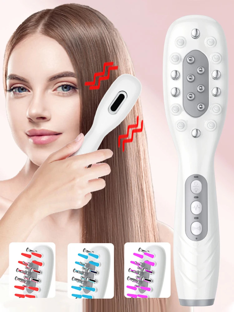 Elektrischer Haarwachstumskamm, Ölapplikator, rot, blau, LED, Vibrationskopf, Massagebürste, Kamm, EMS, stimuliert die Kopfhaut, Anti-Haarausfall – Detail 23