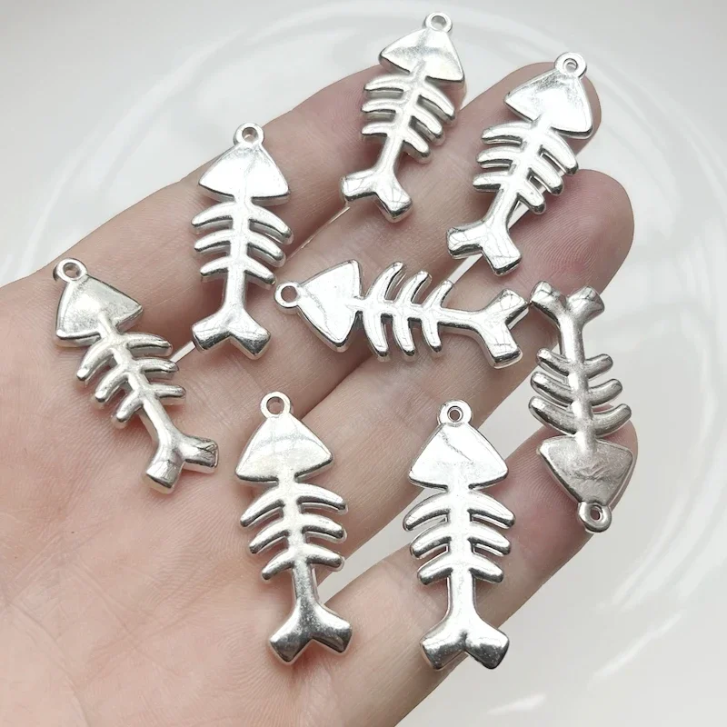 20pcs Silver Plated Acrylic Pendant Natural Bone Bead Fish 35X15MM Loose Bead Diy Earrings Bracelet Jewelry Accessories