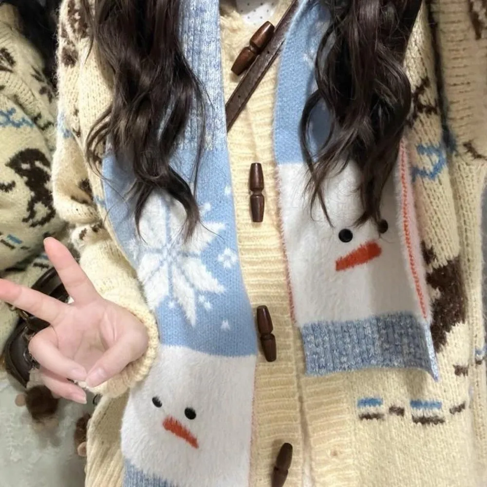 

Fashion Snowflake Snowman Pattern Scarf Korean Style Lightweight Cashmere Blend Scarf Blue Windproof Knitted Shawl Unisex