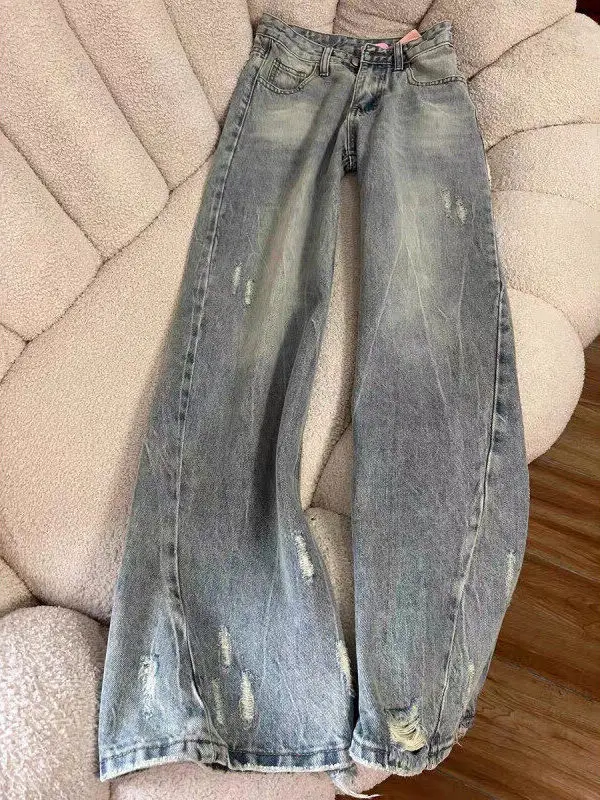 

Мужские джинсы в американском ретро-стиле, летние свободные широкие брюки-клеш из рваного денима, дизайн Cleanfit, повседневный молодежный стиль