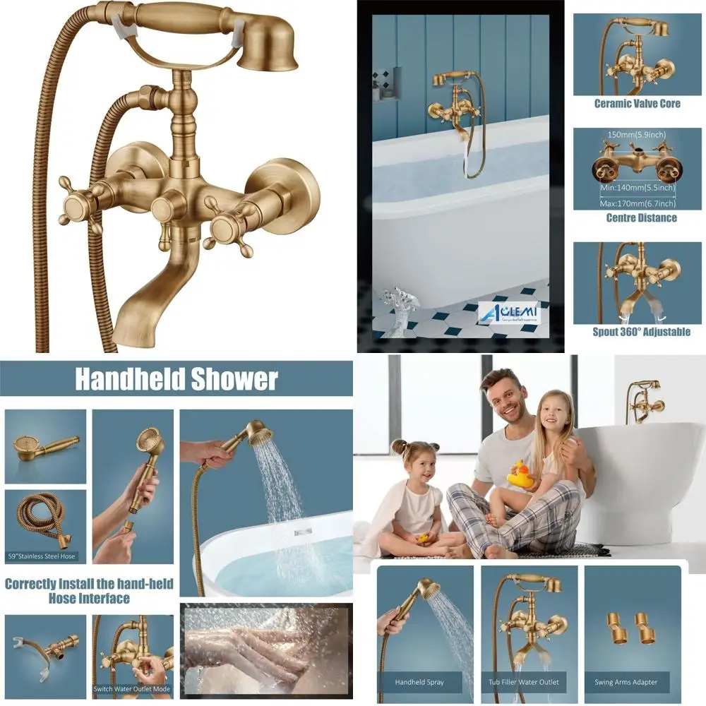 صنبور حوض استحمام مثبت على الحائط من النحاس العتيق مع بخاخ محمول، مقبض متقاطع مزدوج، صنبور دوار، خلاط دش لترادي