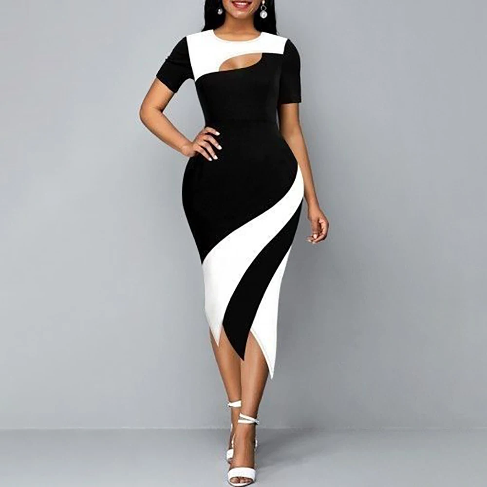 Customized Black White Color Block Midi Bodycon Dress Short Sleeve Chest Cut‑Out Asymmetric Hem Elegant Party Pencil Dress