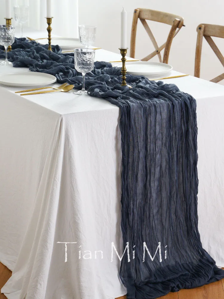 عداء طاولة شاش شبه شفاف ، أزرق غامق ، غطاء جبن عاصف ، طاولة حلوى ، ديكور زفاف عتيق لتناول الطعام ، إعدادات طاولة منزلية مريحة