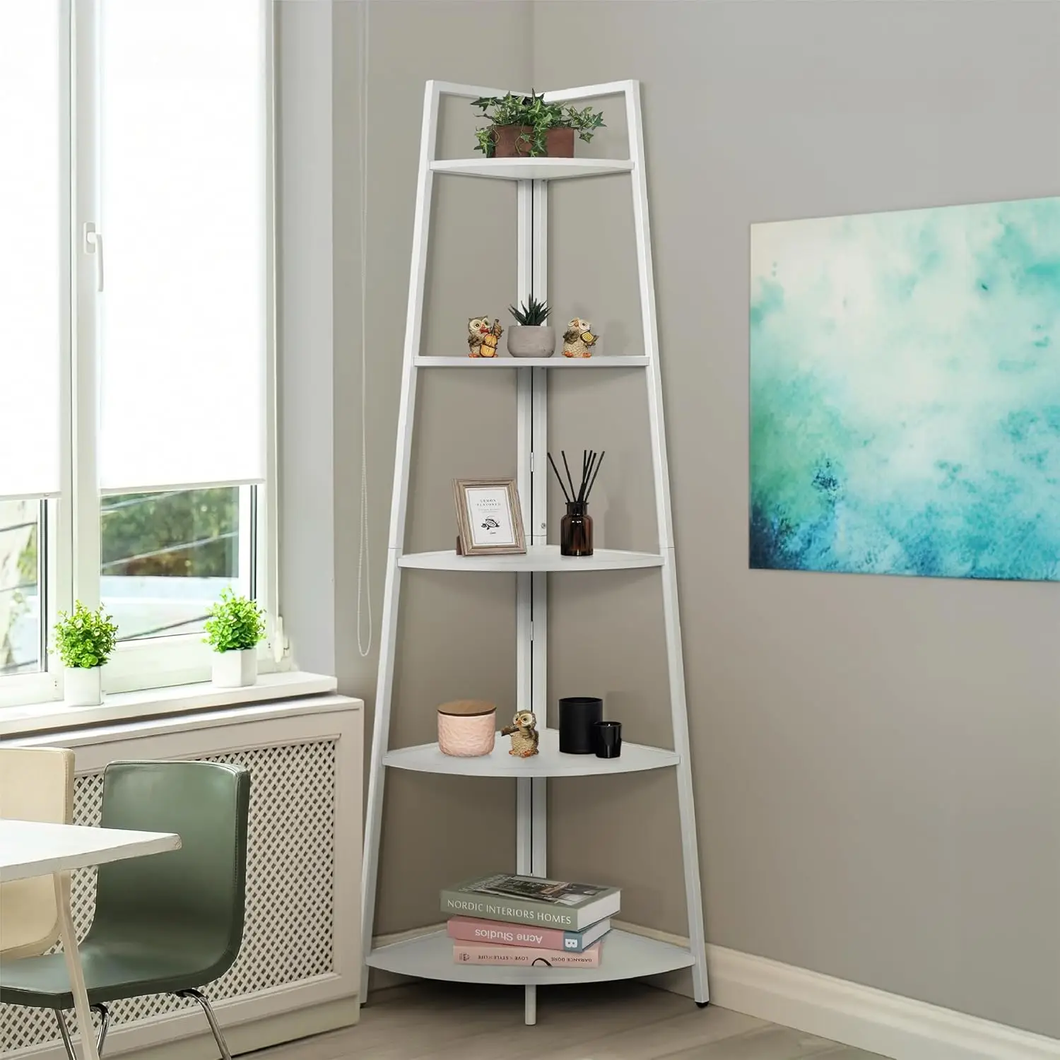 

Corner Shelf Stand 5-Tier Display Shelves Corner Wood Storage Plant Bookshelf with Metal Frame Versatile Shelving Unit Bookcase