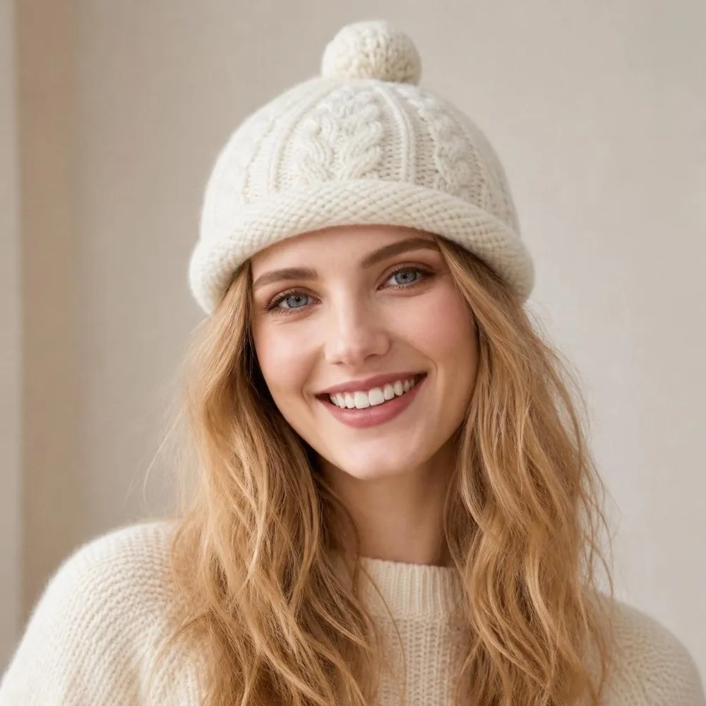 Fashion Autumn Winter Beanie Hat Turned-up Brim Solid Color Bucket Hat Warm Windproof Melon-shaped Hat for Women