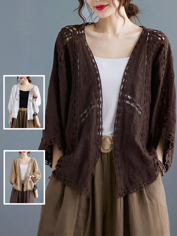 

plus Size Women's Color Hollow out Batwing Sve Open Cardigan Jaet V-Ne Versatile Wrap Sun Protection Spring Summ...