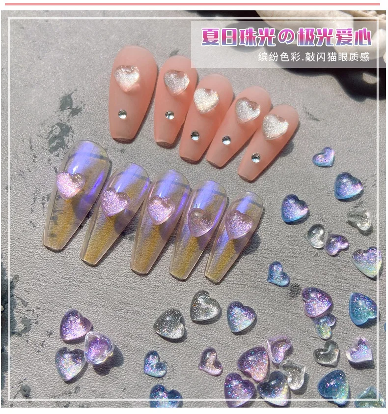 100 pçs aurora amor coração prego strass 3/6/8mm sinfonia resina galáxia decoração da arte do prego 3d coração cristal manicure strass