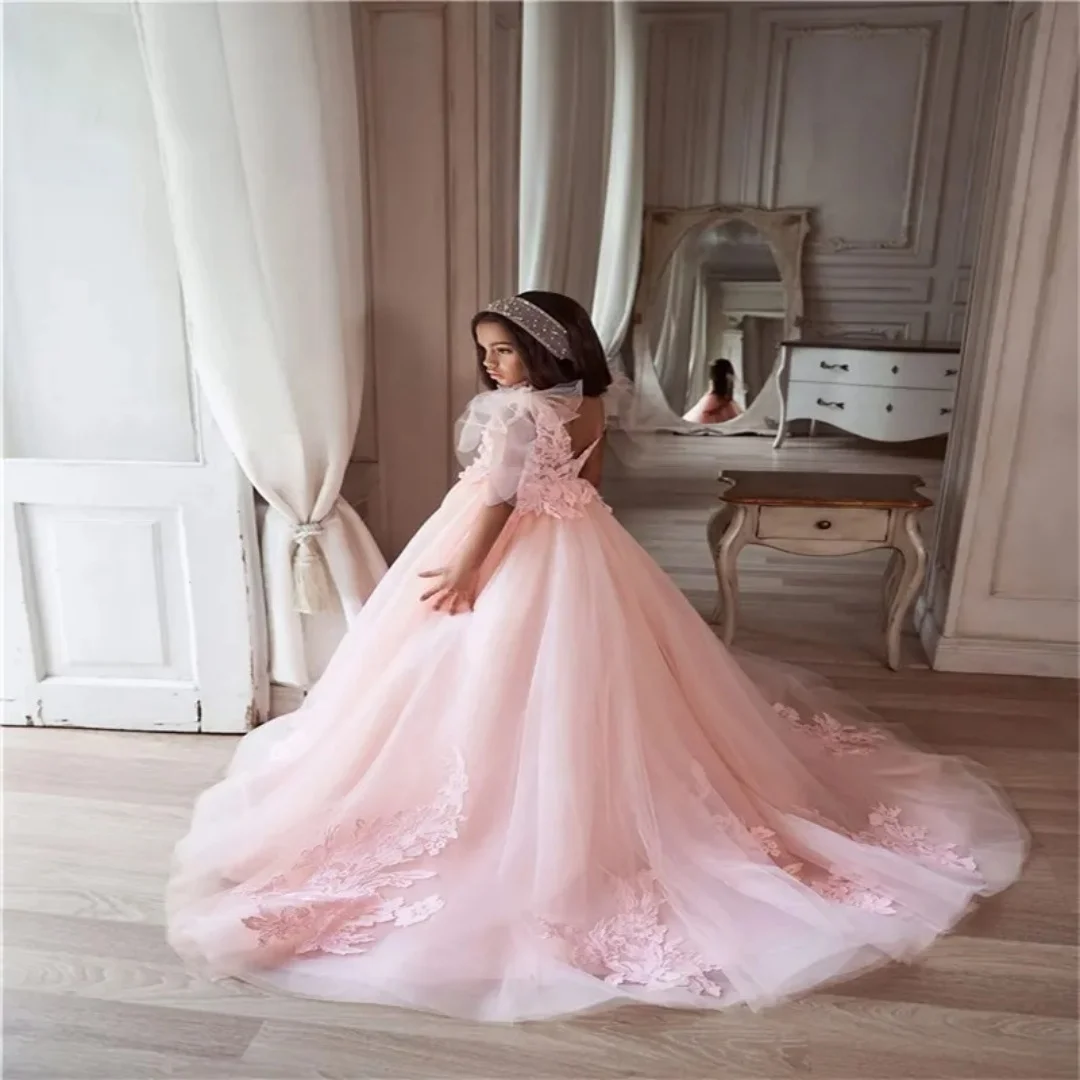 

Розовые платья с цветочным узором для девочек на свадьбу, кружевные аппликации, тюлевое бальное платье без рукавов, длиной до пола, бальное платье на день рождения для маленьких девочек