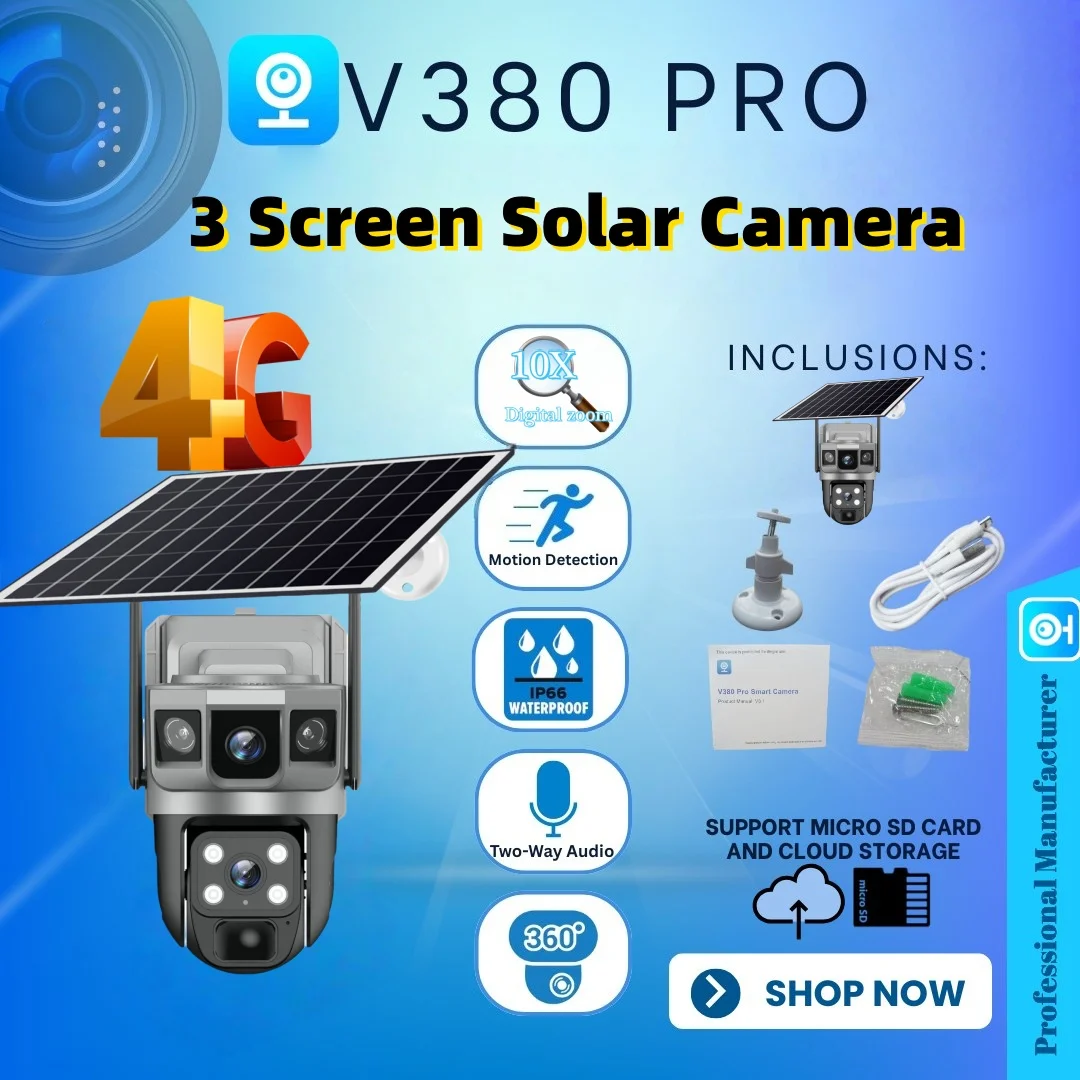 

4G Solar Powered IP Camera with Dual Lens PTZ Wireless Auto Tracking Outdoor Waterproof PIR Full Color IR HD Home Security Cam