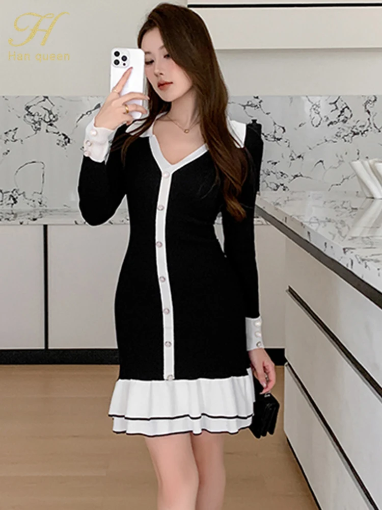 أسود أبيض المرقعة واحدة الصدر لينة فساتين الحفلات المرنة الخريف محبوك سترة كشكش غمد فستان رصاص #2