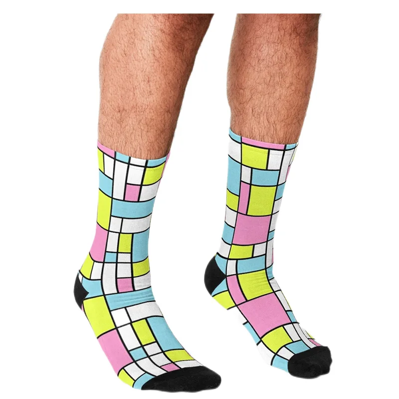 Funny Men socks Mondrian Minimalist lattice Printed hip hop Men Happy Socks cute boys street style Crazy novelty Socks for men