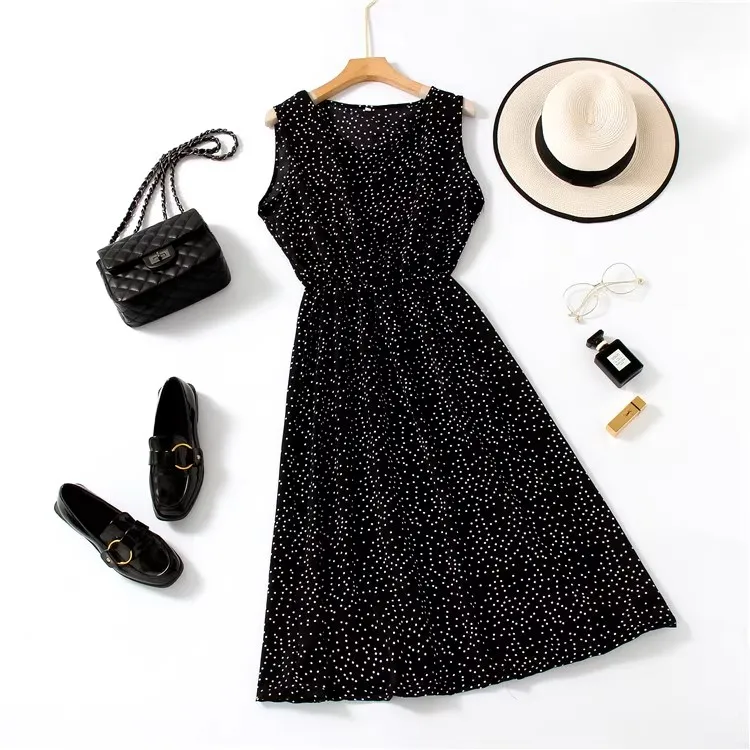 

Женское платье миди в горошек без рукавов, свободного кроя, стройнящее, в корейском стиле, с круглым вырезом, для повседневной носки