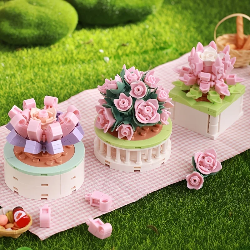 Bouquet Moc Block Flower Succulents Bonsai Potted Building Blocks Romantic Kit Assembly Bricks Toys For Kids Girl Christmas Gift