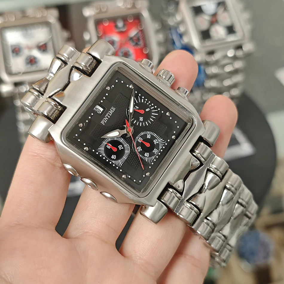 ساعة كوارتز مربعة جديدة مع قرص كبير مقاوم للماء مع عقارب مضيئة وحركة كرونوغراف رياضية عصرية للرجال