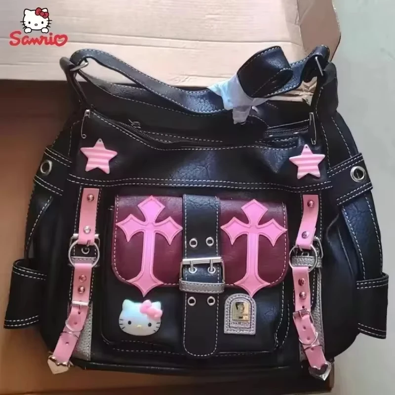 Sanrio Hello Kitty Gothic Punk Vintage Pink Cross Chains Crossbody Bags For Women Y2K Hot Girl Handbag Trend Tote Bag Gift