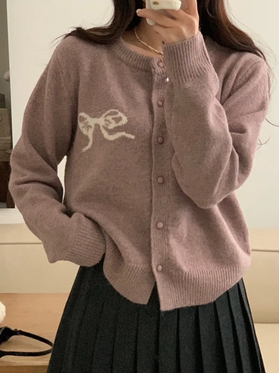 Korea Chic Autumn Bow Embroidery Knitted Cardigans 2024 Winter New Fashion Single Breasted O-neck Sweater Knitwear Coat