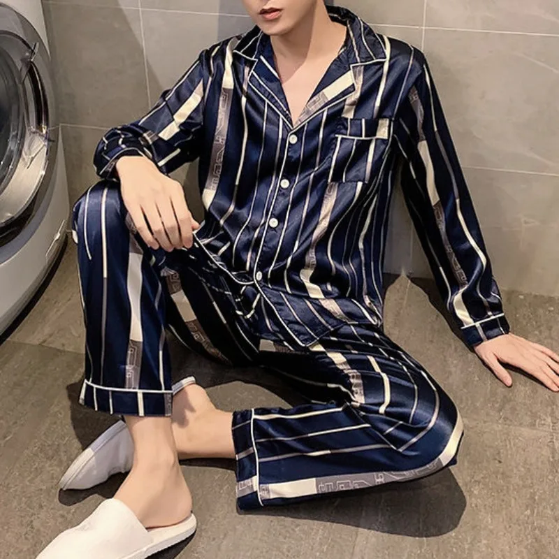 Cartoon Pajamas Men\'s Ice Silk Thin Long Sleeves Sleepwear Set Spring Autumn Oversized 95kg Young Boys Loose Home Service Suit