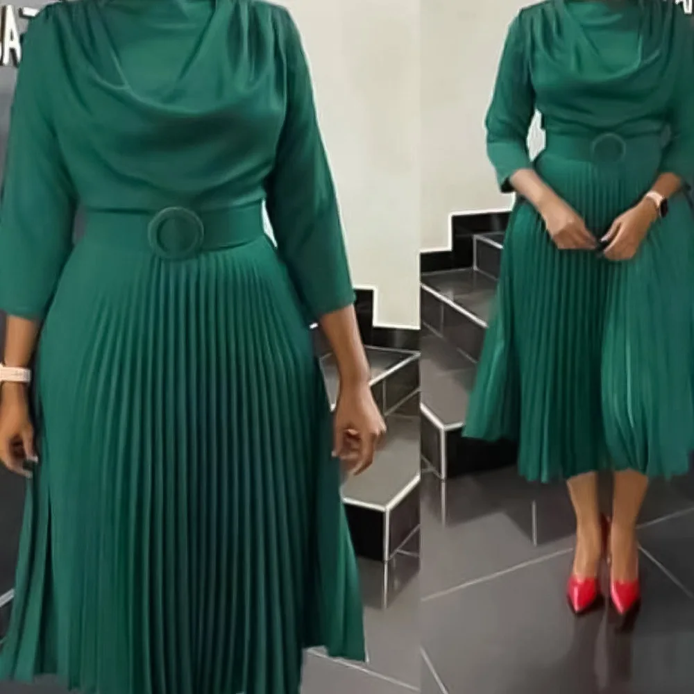 JENYAGE Damen Einfarbiges, schlichtes, fließendes Midikleid mit Wasserfallausschnitt, 3/4-Ärmeln und plissiertem Rock, mit Gürtel mit Schnalle, elegantes, formelles Partykleid – Detail 3