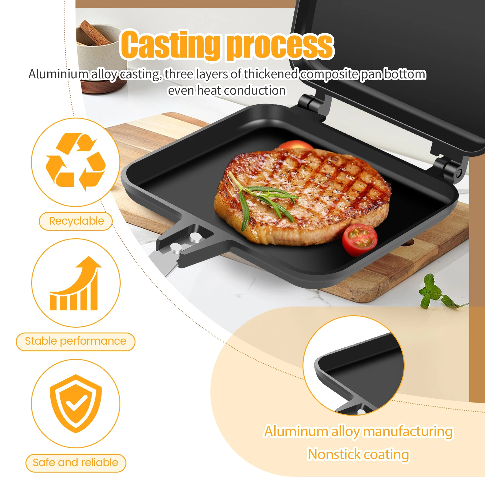 Double Sided Frying Pan Aluminum Alloy Sandwich Maker Pan Kitchen Non-Stick Sandwich Grill Pan Detachable Hot Sandwich Maker