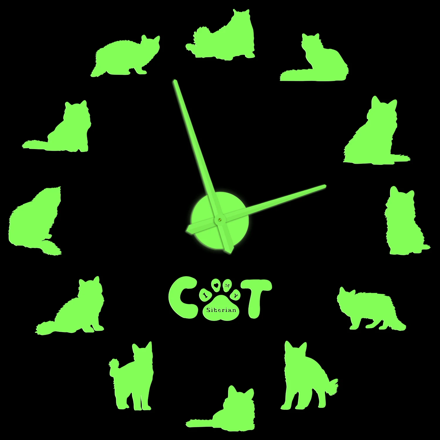 

Siberian Cat Silhouettes Glow in Dark Wall Clock For Bedroom Wall Stickers Lovely Kitten Animal Large DIY Watch Pet Lover Gift