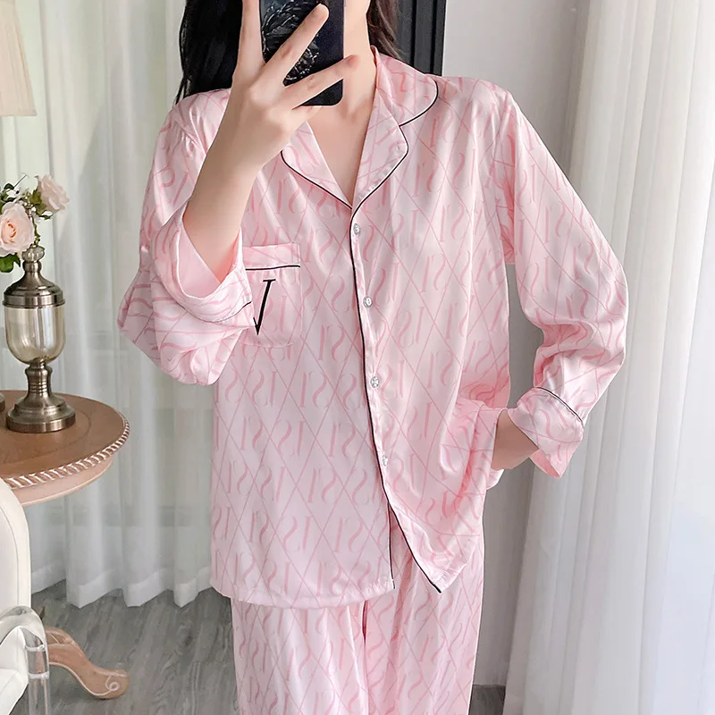 Female 2PCS Pajamas Set Long Sleeve Trouser Suits Sleepwear Pink Cartoon Nightwear Spring Summer Satin Pijamas Loose Home Wear
