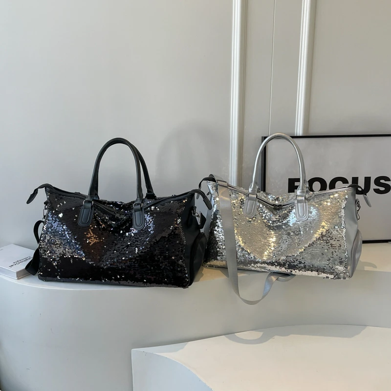 Bolsos de viaje de PU con lentejuelas brillantes para mujer, bolsos de hombro y bandolera de gran capacidad de alta calidad, moda 2024