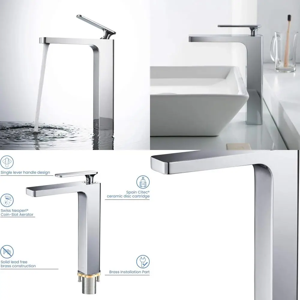 

Polished Chrome Single-Handle Vessel Sink Faucet - Tall Bathroom Fixture with Solid Brass, Ceramic Valve, and One-Piece Spout fo