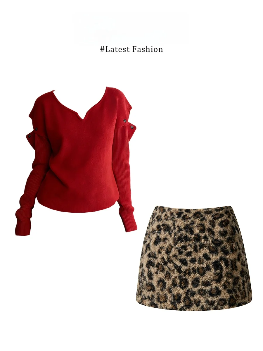 

Parkyeon Pure Desire Lady Style Red V-Neck ShoulderBared Knitted Sweater with Leopard Print Skirt TwoPiece Set for Women