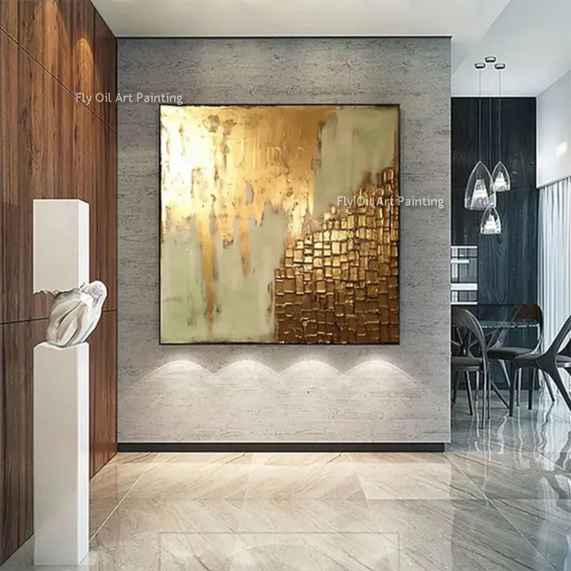 

Special Artwork Golden Yellow Beige Scales Wall Art New Handpainted Gold Foil Yellow Canvas Oil Painting Decor For Room Hall