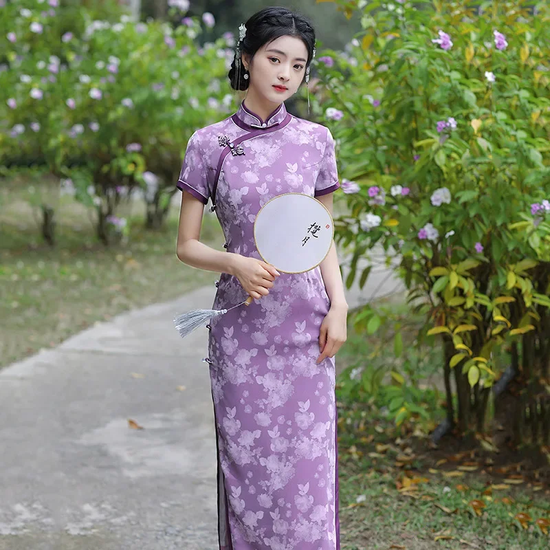 

Purple Print Women Chinese Tradition Style Long Cheongsam New Improved Female Mandarin Collar Satin Qipao Dress