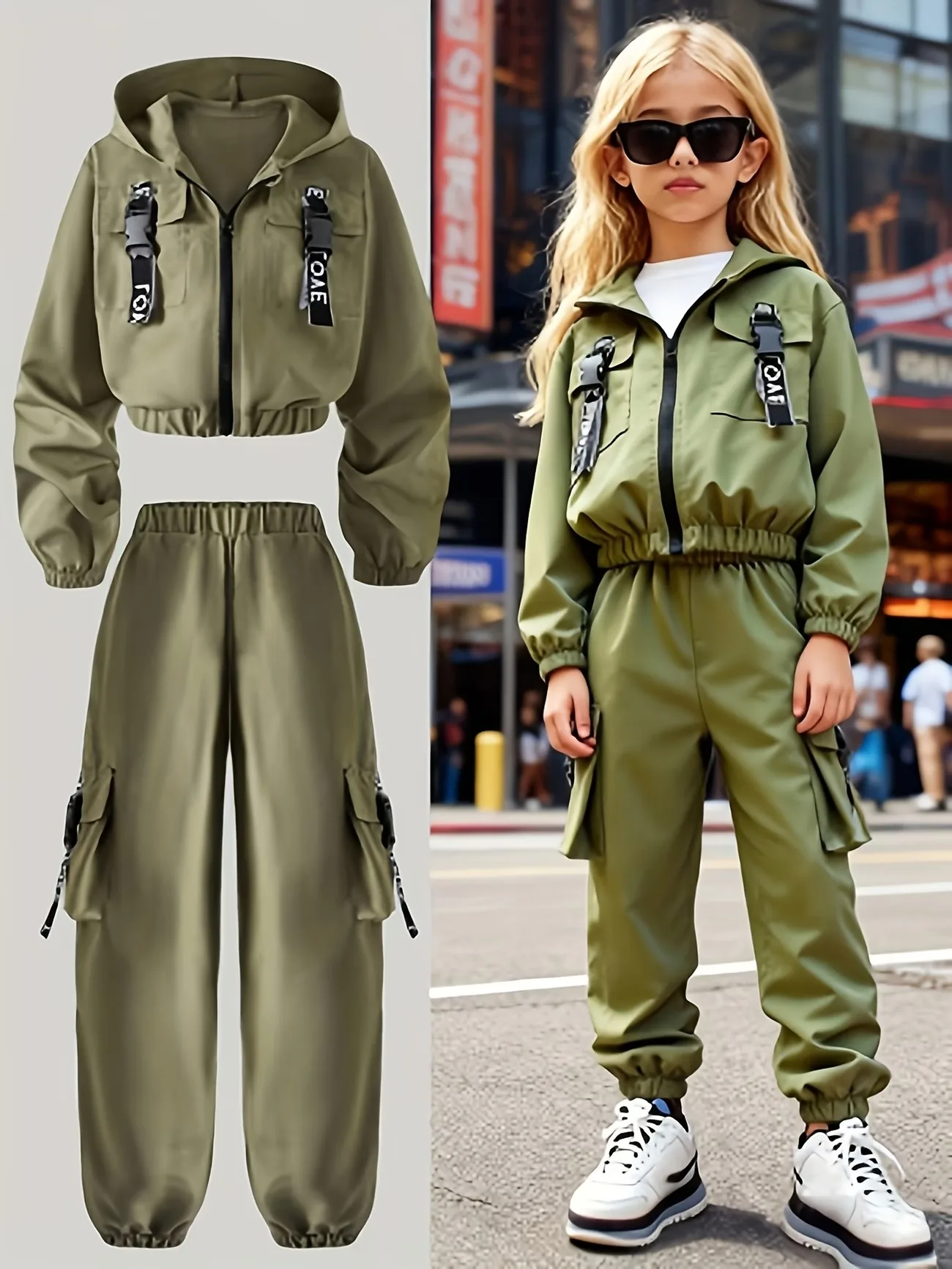 Army Green Girls 2 Piece Pants Set Cargo Jacket & Joggers Street Style Casual Outfit for Spring Fall