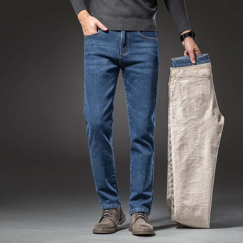 冬のメンズフリース暖かいジーンズファッション弾性ストレートビジネスカジュアルダークブルーデニムパンツ肥厚ぬいぐるみベルベットズボン