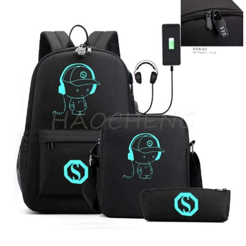 Luminous Animation School Bags para meninos e meninas, Mochilas de moda para adolescentes, mochila para laptop para homens, 3pcs por conjunto