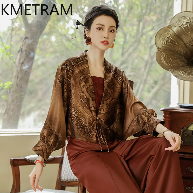 KMETRAM 100% Mulberry Silk Xiangyunsha Womens Tops 2026 Spring Gorgeous Chinese-style Batwing Long Sleeved Tops Blusa Feminina